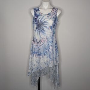 NWT Kamana Flowers Of Joy Blue White Handkerchief Hem Midi Dress M
